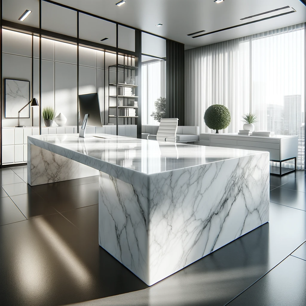 Mesa de oficina de mármol blanco brillante en una oficina moderna.
