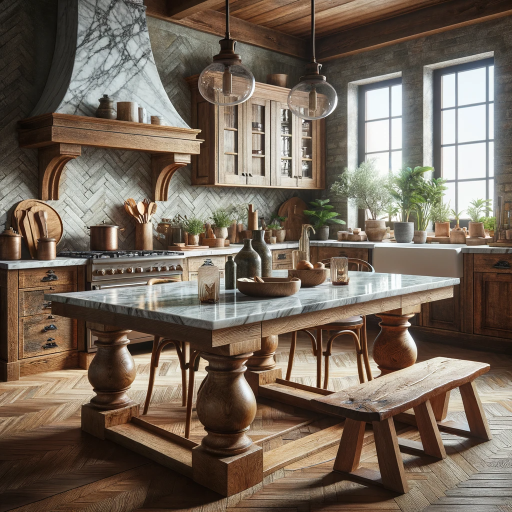 Mesa de cocina de mármol con base de madera en una cocina con muebles de madera. Decoración rústica.
