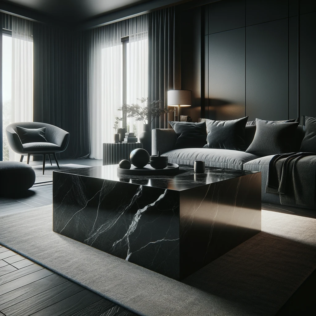 Mesa de sala de estar de mármol negro en una sala de estar con decoración de estilo contemporáneo.
