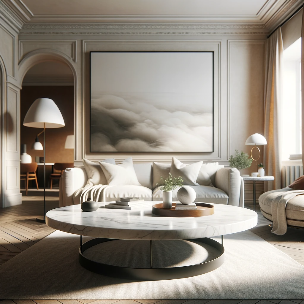 Mesa de centro minimalista hecha de mármol blanco en una sala de estar acogedora
