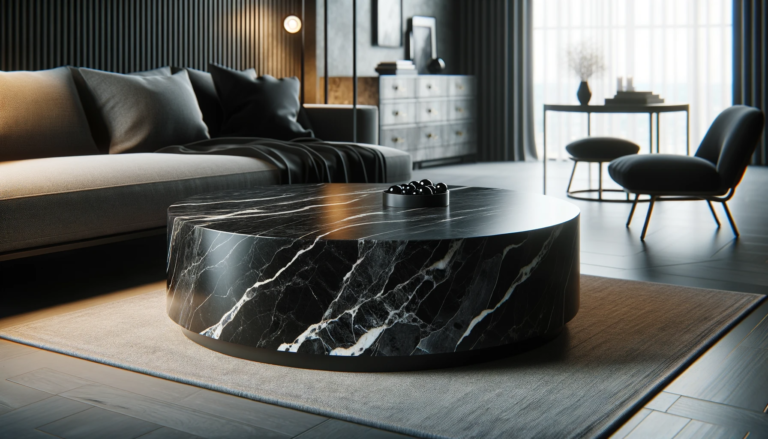 Una elegante mesa de centro de mármol negro en un ambiente moderno, iluminada con luz natural y de estudio