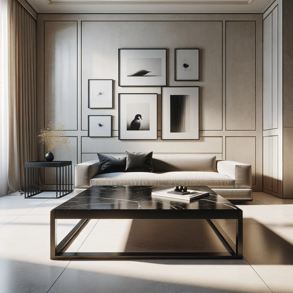 Mesa de centro cuadrada hecha de mármol negro en una casa lujosa y minimalista.