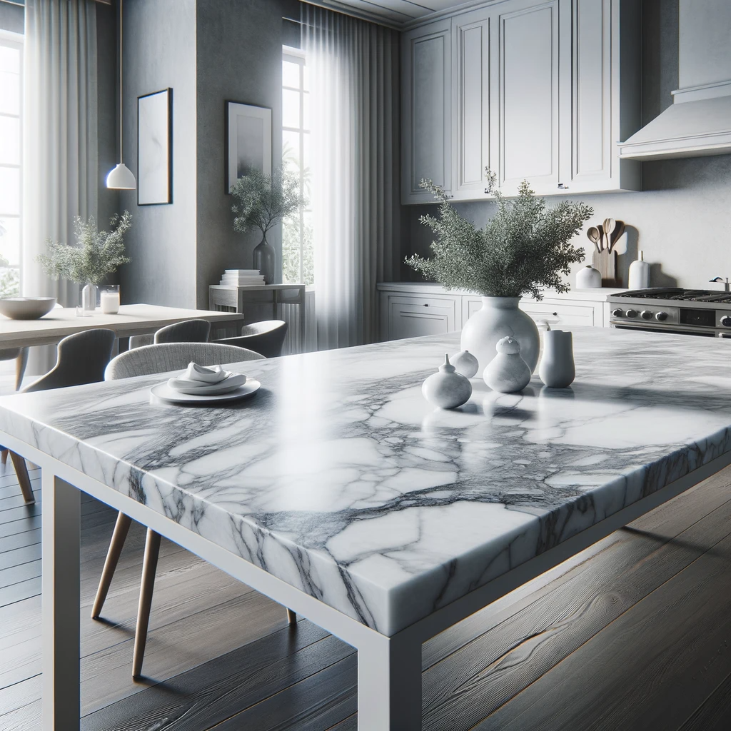 Mesa de mármol blanco en la encimera de la cocina en una casa elegante y moderna. Grifo hermoso de metal.