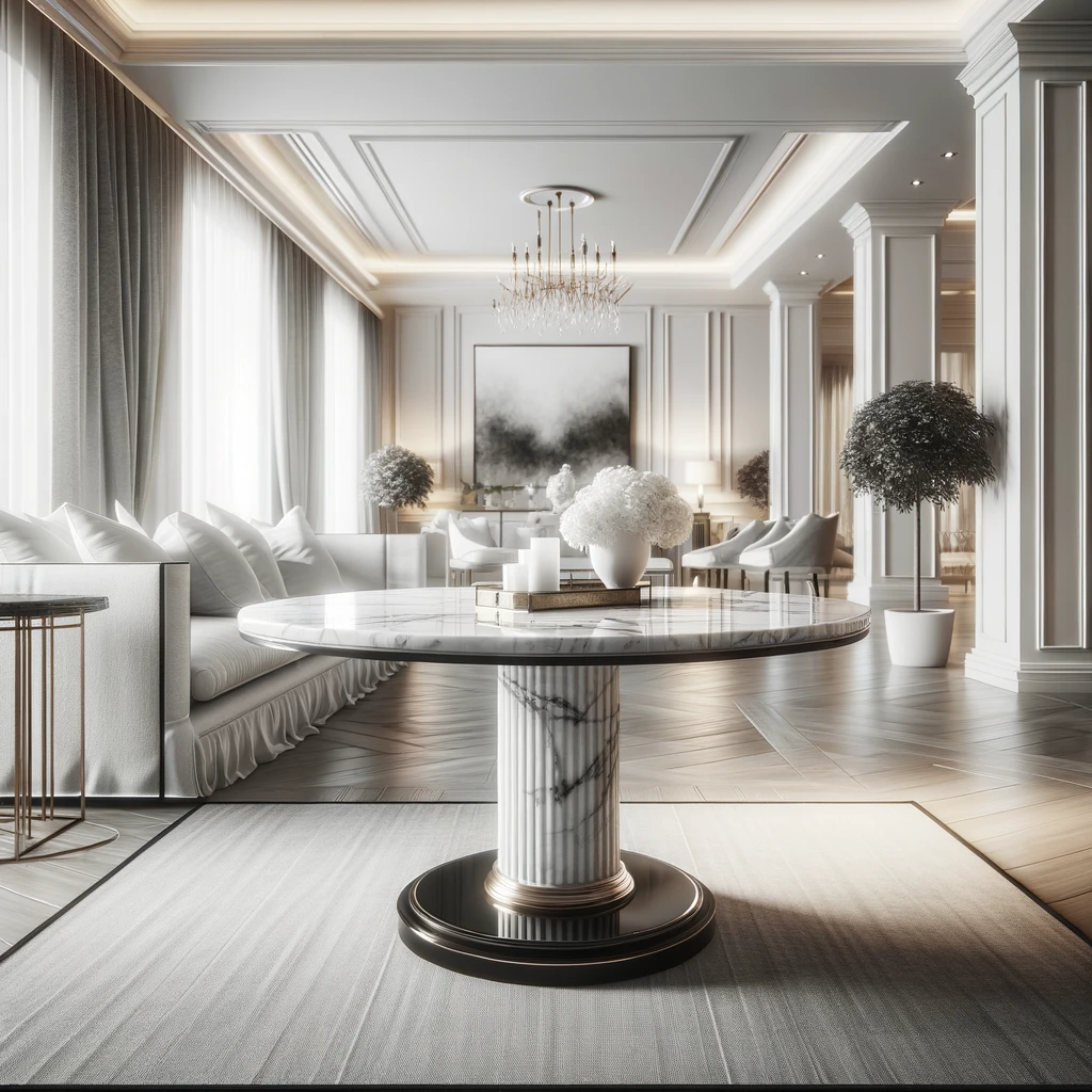 Mesa de mármol blanco elegante en espaciosa sala de lujo.
