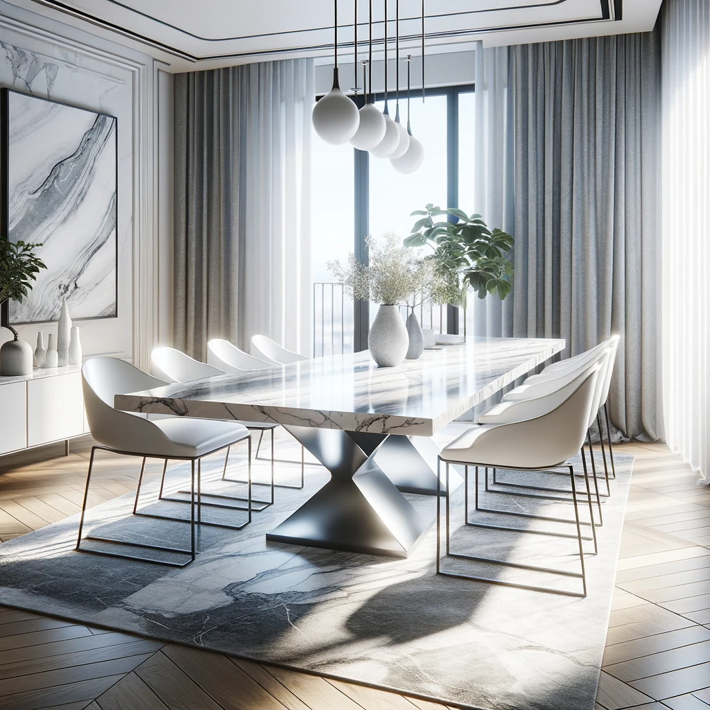 Mesa de comedor hecha de mármol blanco con una base de metal en un diseño moderno. Decoración de estilo contemporáneo.