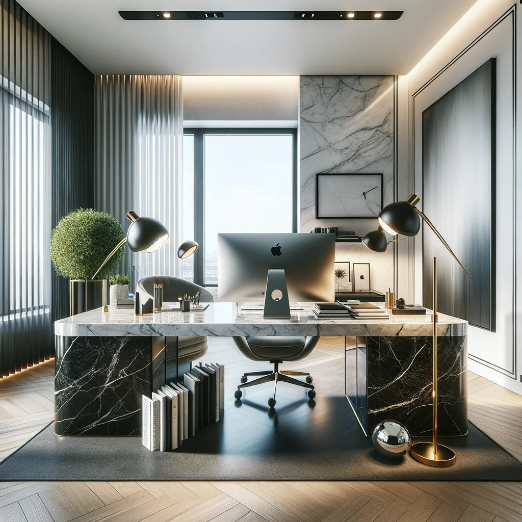 Mesa de oficina hecha de mármol en una oficina moderna y con estilo.