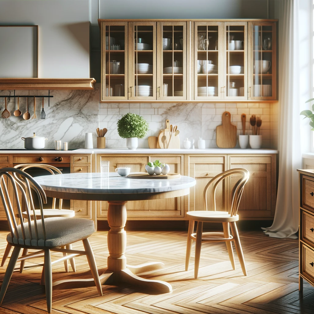 Mesa de mármol blanco en una acogedora cocina con muebles de madera