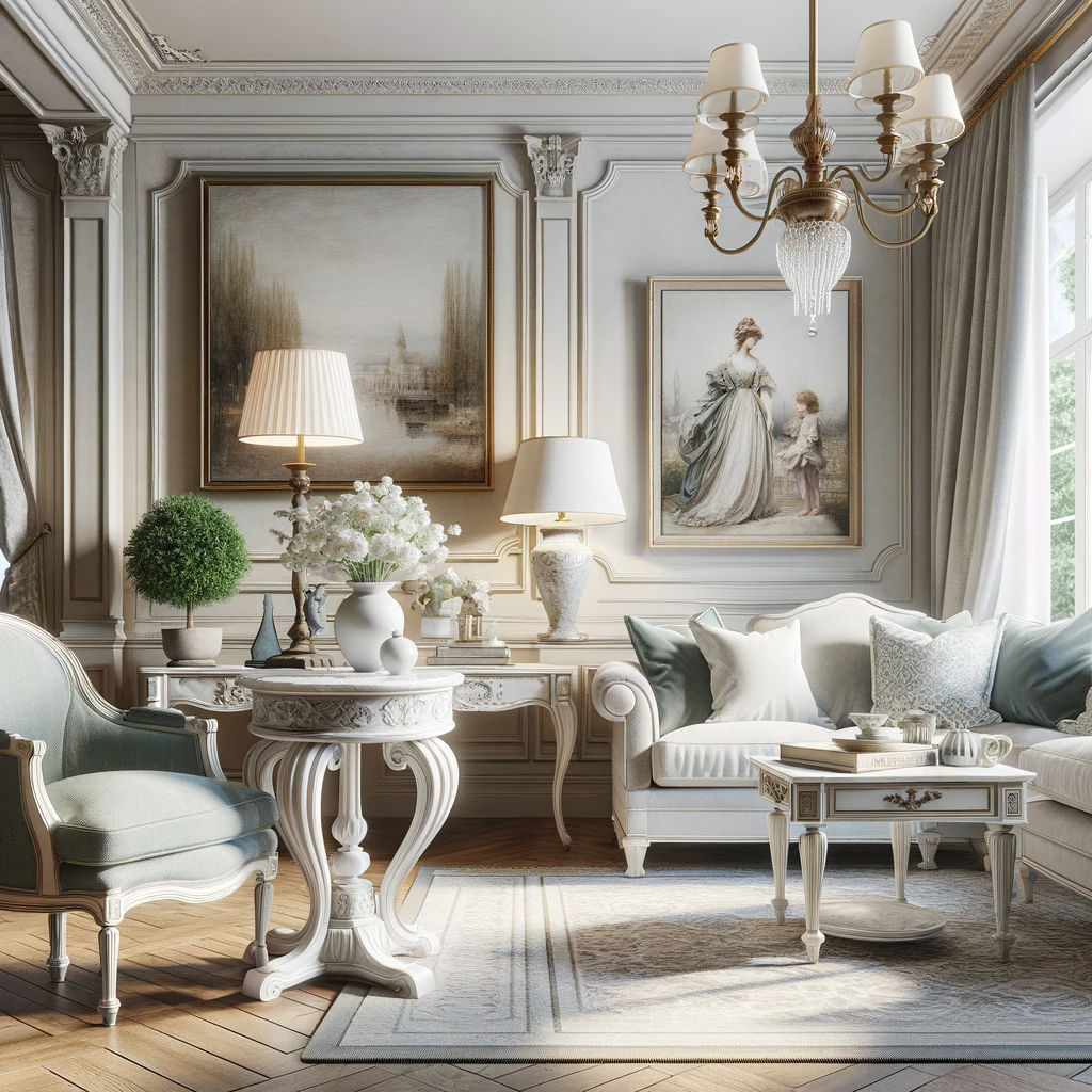 Mesa auxiliar lateral hecha de mármol blanco en una sala de estar con decoración de estilo clásico.