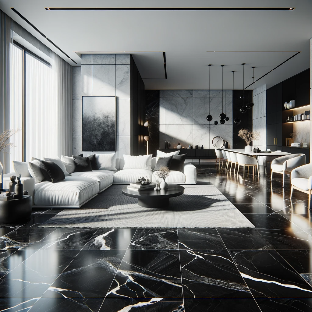 Sala de estar con muebles blancos y pisos de mármol negros