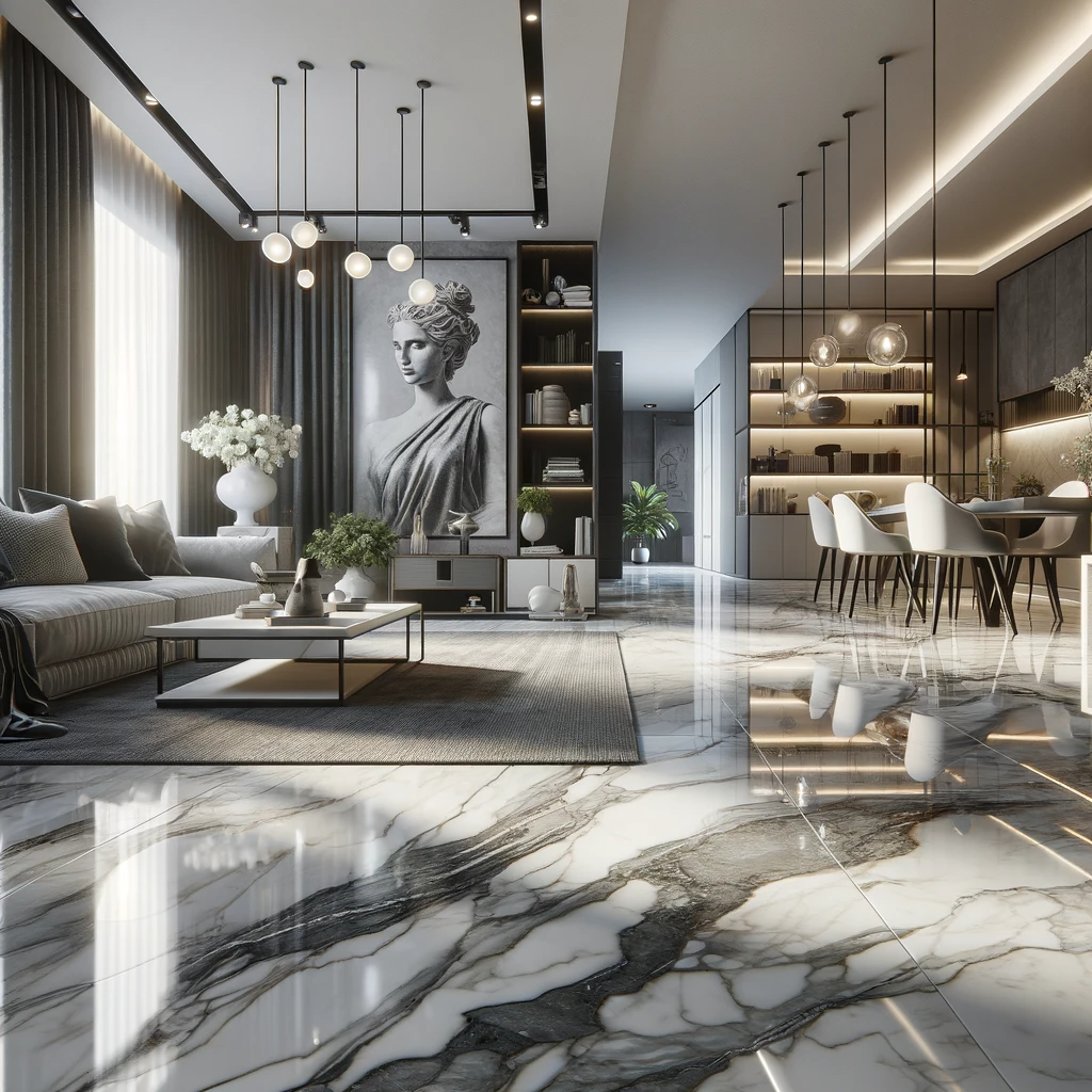 Sala de estar moderna con pisos de mármol, alfombra 