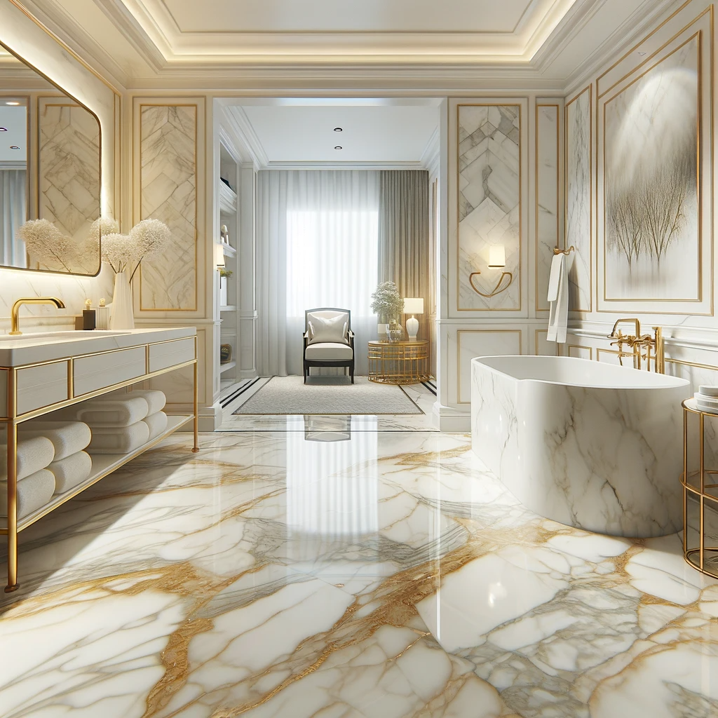 elegante baño con pisos de mármol calacatta