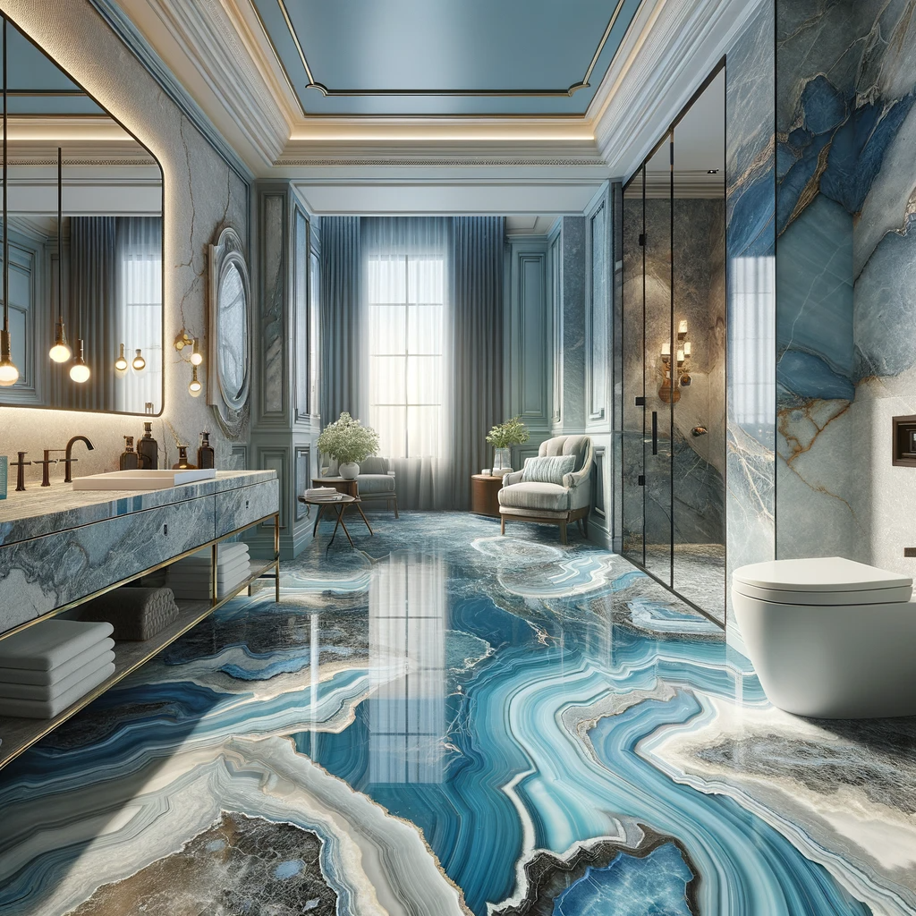 Baño elegante con pisos azules hecho en ónix